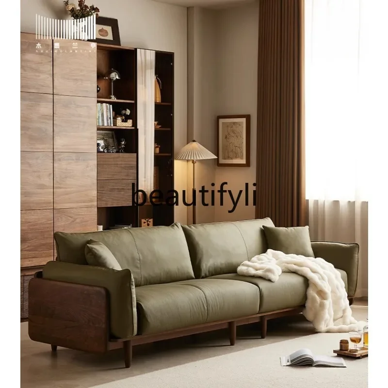 Q Black walnut sofa solid wood retro living room leather sofa log straight row four people