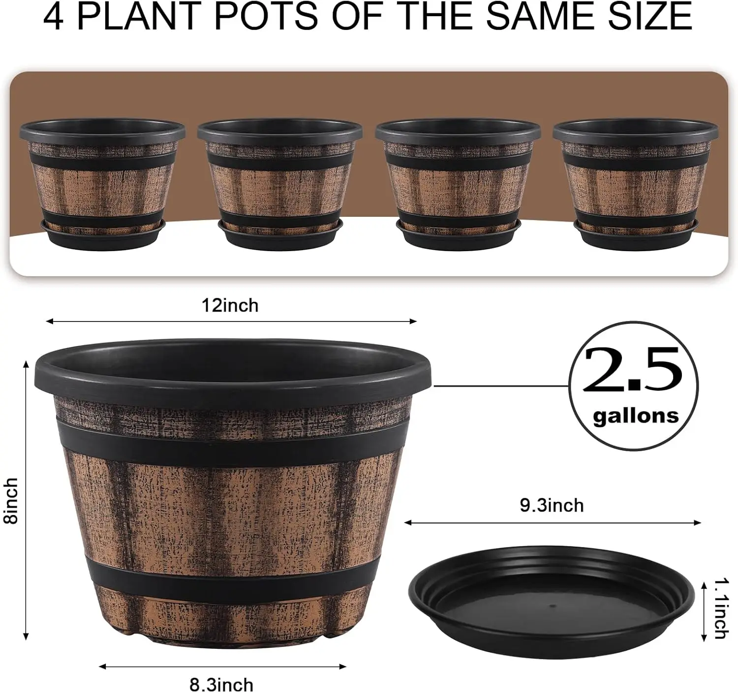 Plant Pots Set of 4 Pack 12 inch,Large Whiskey Barrel Planters with Drainage Holes & Saucer.Plastic Flower Pots Imitation Wine Barrel Design(Brown)