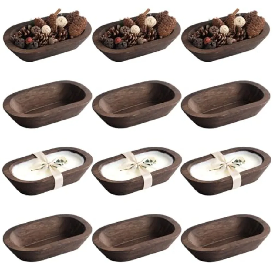 Paquete de 12 Cuencos Rústicos de Madera para Hacer Velas, Paulownia, Color Madera Natural, Textura Vintage Tallada a Mano, Decoración para Mesa de Boda