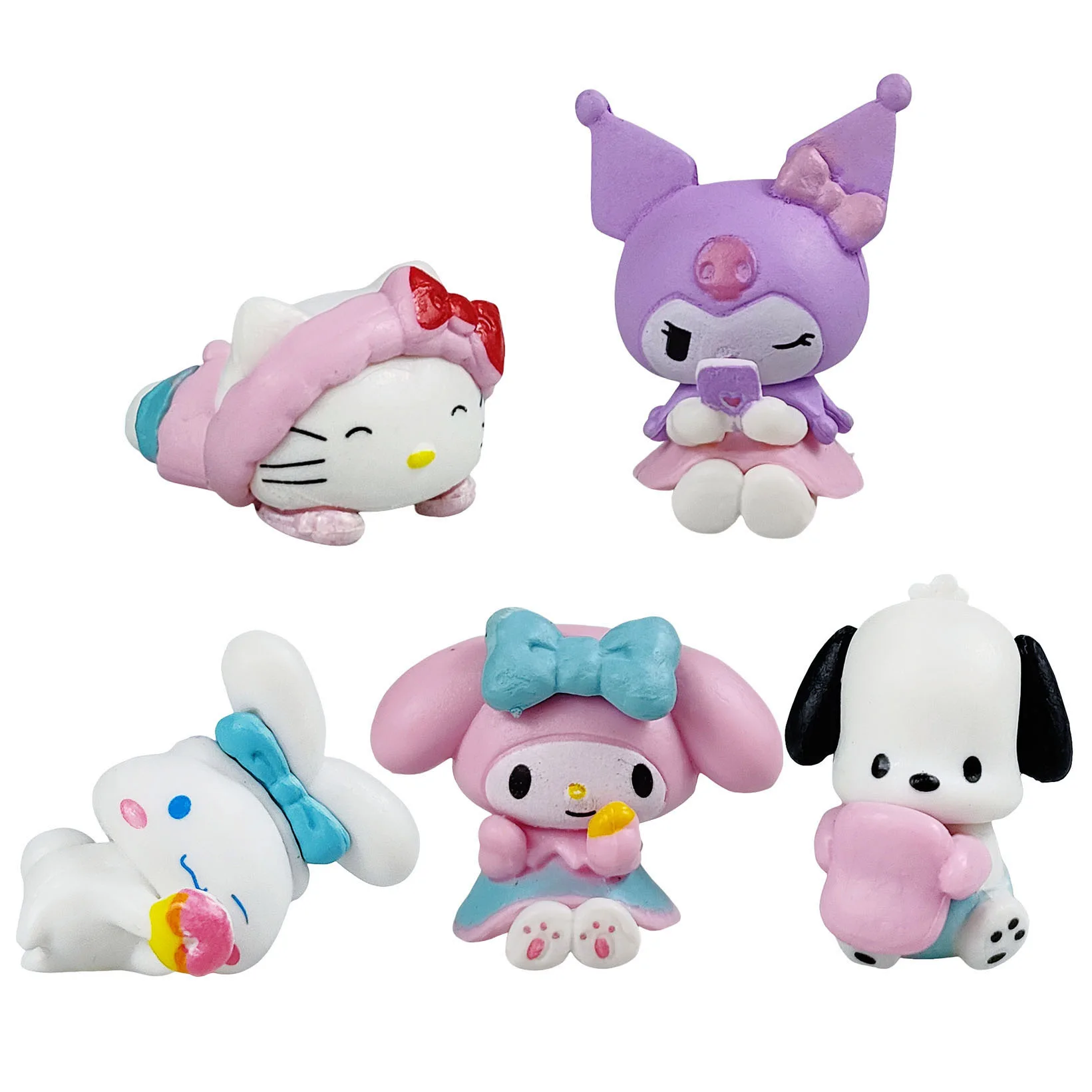 5pcs Figur Aksi Sanrio Cinnamoroll Kuromi Melody Figur Kartun Periferal Kepribadian Lucu Dekorasi Kamar Hadiah