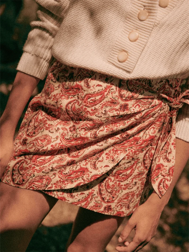 Falda de Cachemira Floral para mujer, Mini Jupe asimétrico con cordones Vintage de cintura alta, novedad de 2024