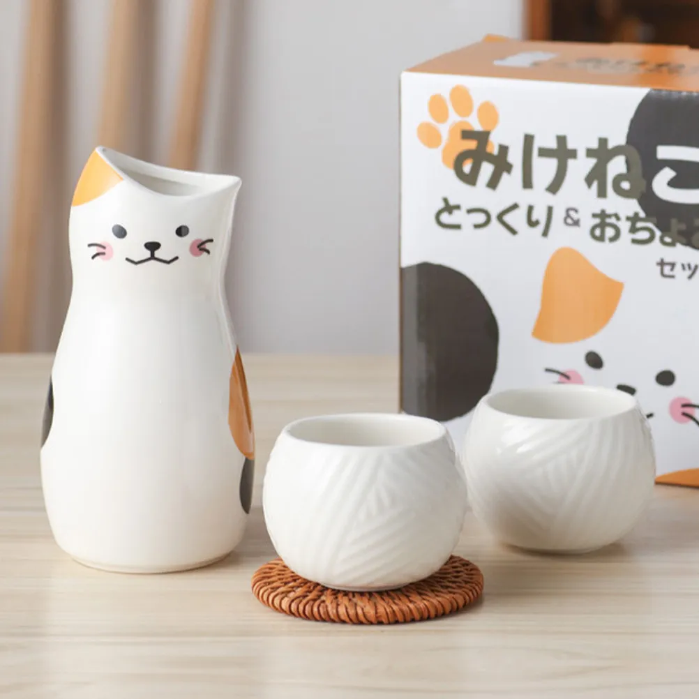 Juego de 1 tetera tradicional japonesa para sake y tazas de cerámica con motivo de gato de la suerte, exquisito juego retro para servir vino de arroz, ideal para regalar.
