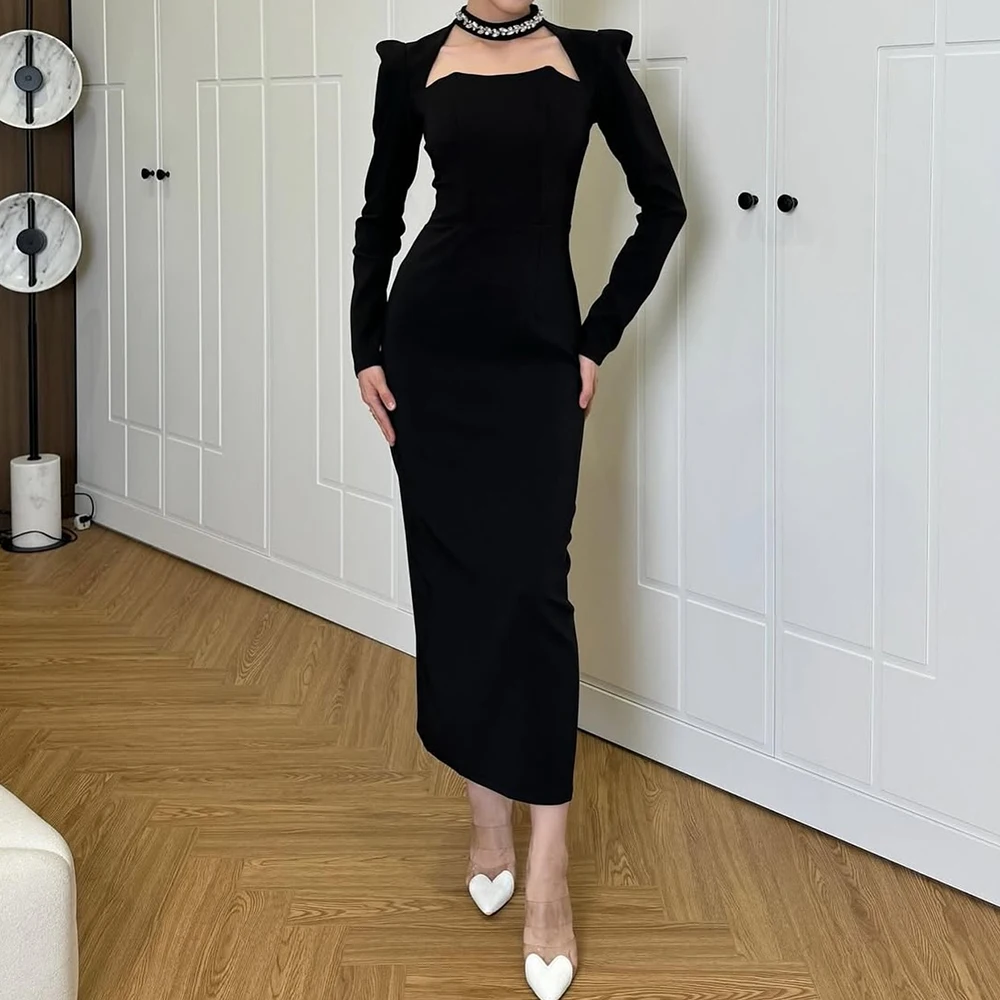Customized Straight Evening Dresses Tea-length High-neck Full Sleeve Prom Gown Simple Fashion Crystal Casual Party Gown