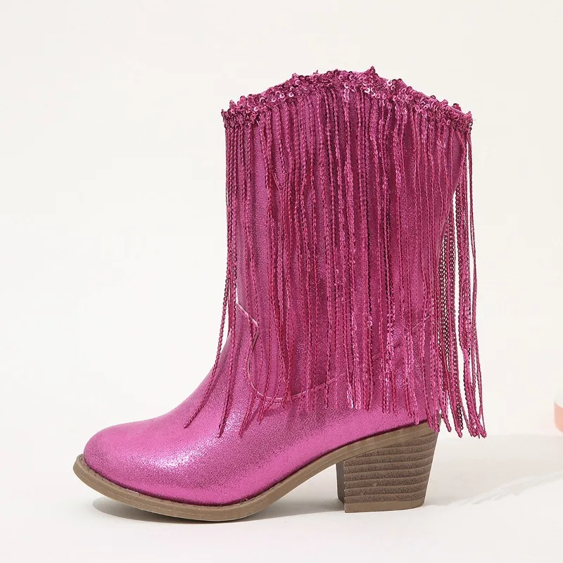 Peach red European and American girls' 2024 autumn and winter new style tassel fashion versatile tassel boots with thick heels