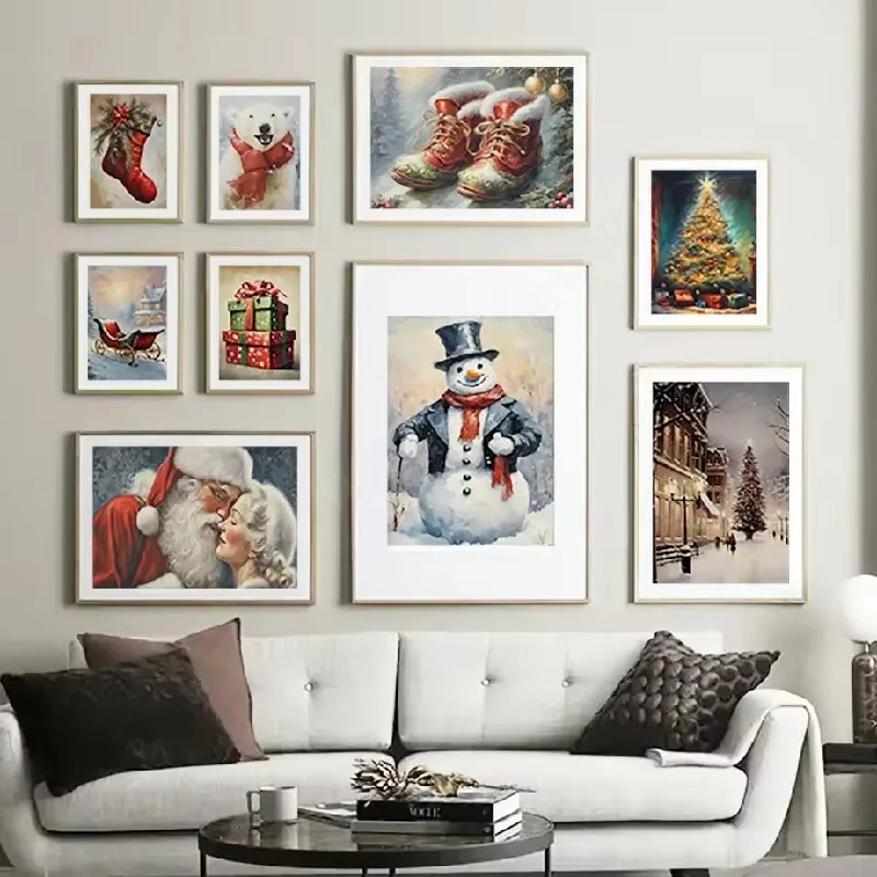 Christmas Gift Tree Free Range Poster Snowman Santa Claus Polar Bear Wall Art Canvas Painting Living Room Decoration Picture