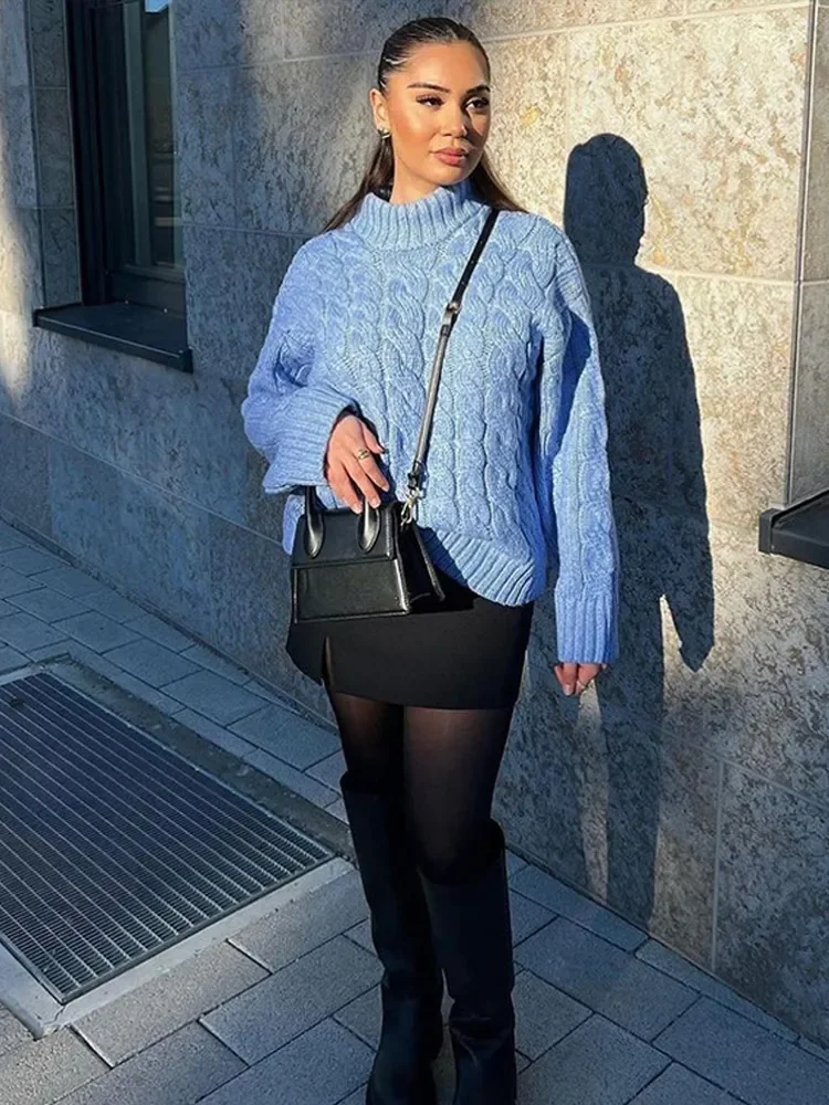 Casual Blue High Neck Loose Knit Pullover Women Chic Long Sleeve Thicken Short Sweater 2024 Winter New Lady Street Knitwear Top