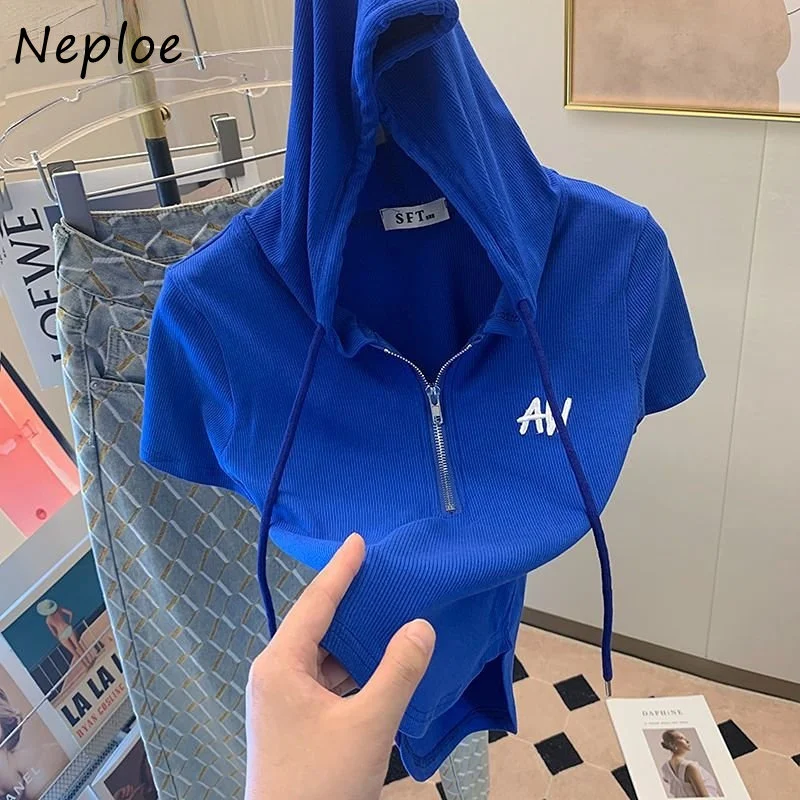 Neploe Hooded Short Sleeve T-Shirt 2024 Summer High Waist Open Umbilical Tops Femme Chic Solid Color Letter Embroidery Tees