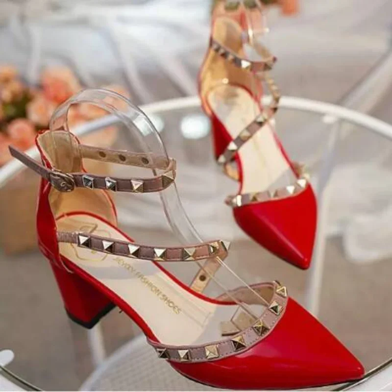 

Rivet Sandals for Woman High Heels Sexy Pointed Toe Women's Shoes Party Weddings Summer 2024 Buckles Footwear Thick Heel Red Vip