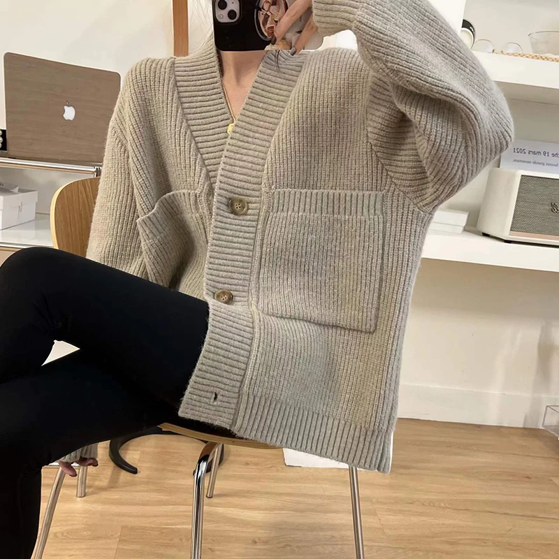 Zoki Oversize Casual Cardigan Sweaters Women Korean Big Pockets Long Sleeve Knitted Coat V Neck Vintage Lazy Wind Female Tops