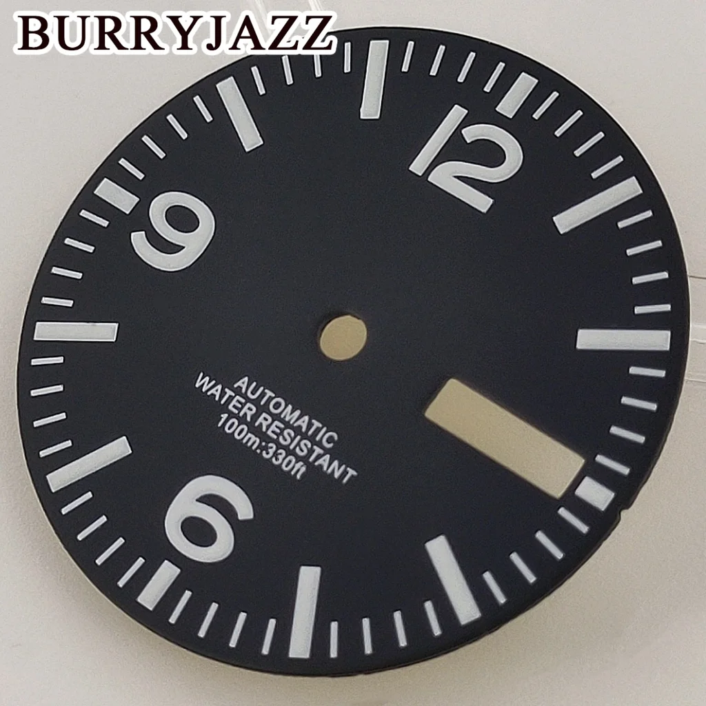 Burryjazz 29มม. ไม่มีโลโก้นาฬิกา NH36หน้าปัดสีดำสีเขียวส่องสว่างใส่ได้3นาฬิกา3.8นาฬิกาเม็ดมะยม