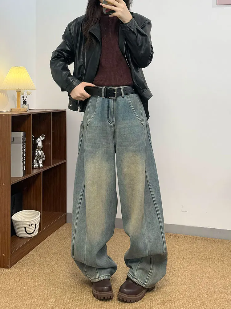 

Thiened Fce Широкие джинсы женские винтажные окрашенные ленивые повседневные брюки длиной до пола с высокой талией на молнии синие