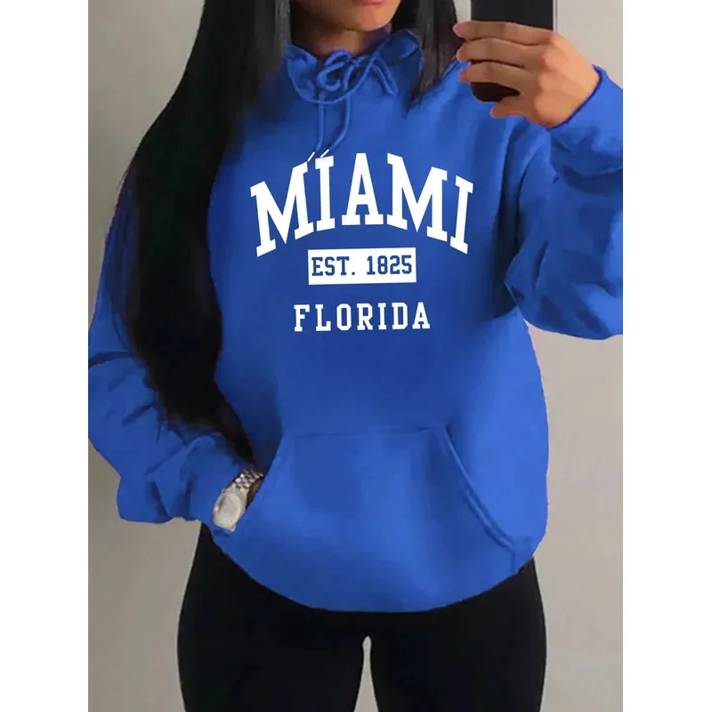 ميامي Est 1825 مدينة الفن إلكتروني يطبع المرأة هوديي جيب الشارع الشهير Harajuku فضفاض هودي كل مباراة الصوف الملابس النسائية #1