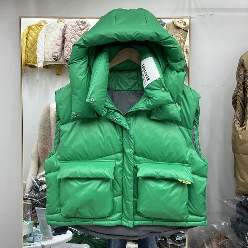 Winter 2023 New Down Jacket Women\'s Fashion Sleeveless Hooded Label Candy Color White Duck Down Coat куртка зимняя женская