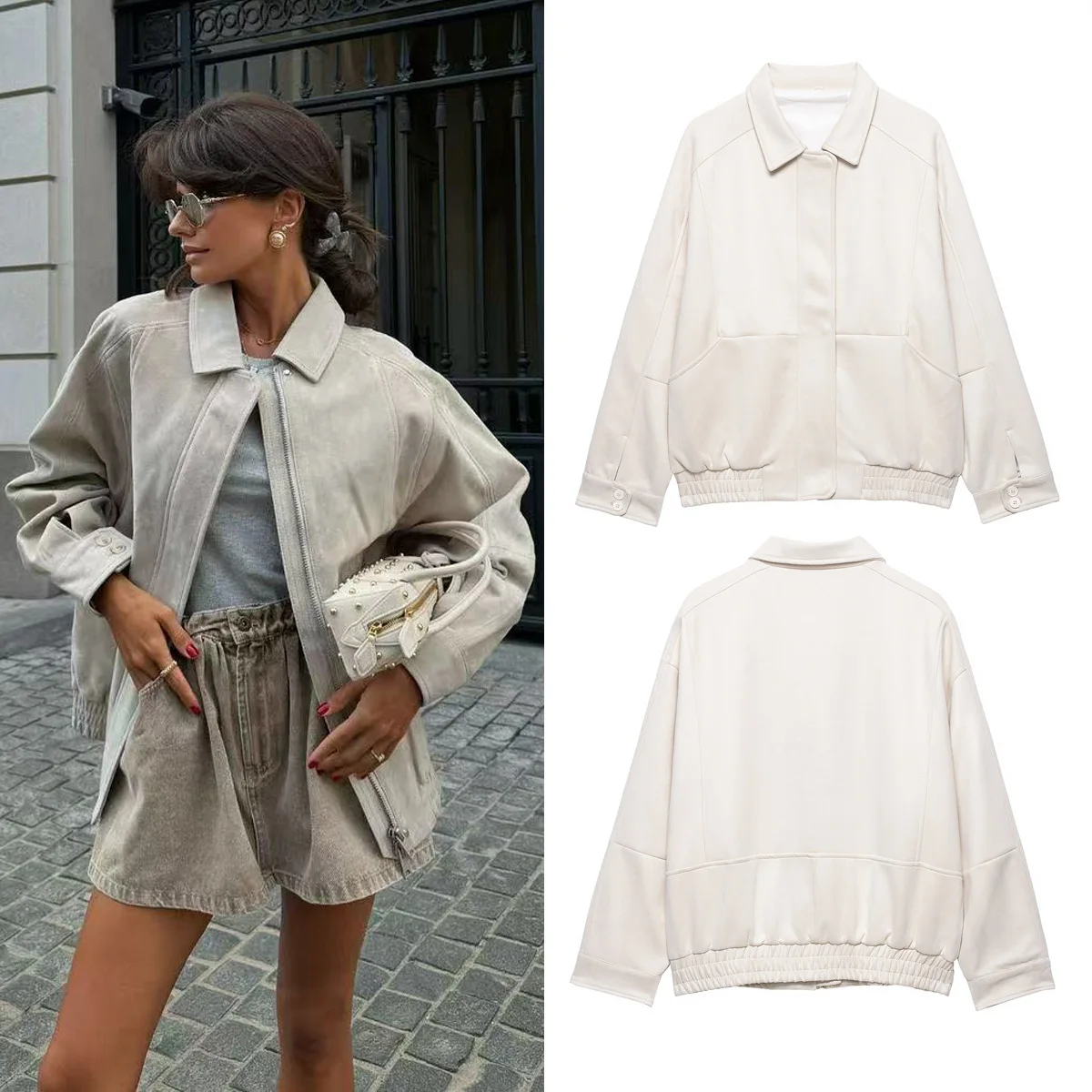 

Женская замшевая текстурированная льотная куртка, осенне-зимняя мода, свободный крой, стиль с лацканами, европейско-американский тренд A6