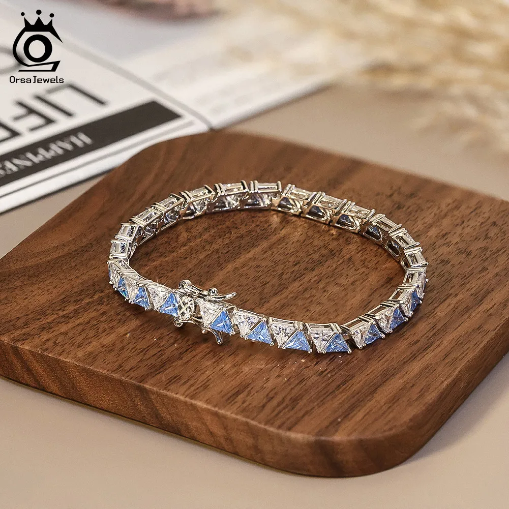 ORSA جواهر 3 مللي متر 4 مللي متر الأصلي الأزرق والأبيض الزركون أساور التنس لامعة 8A تشيكوسلوفاكيا الماس 925 الشظية سوار هدية حفلة SB207