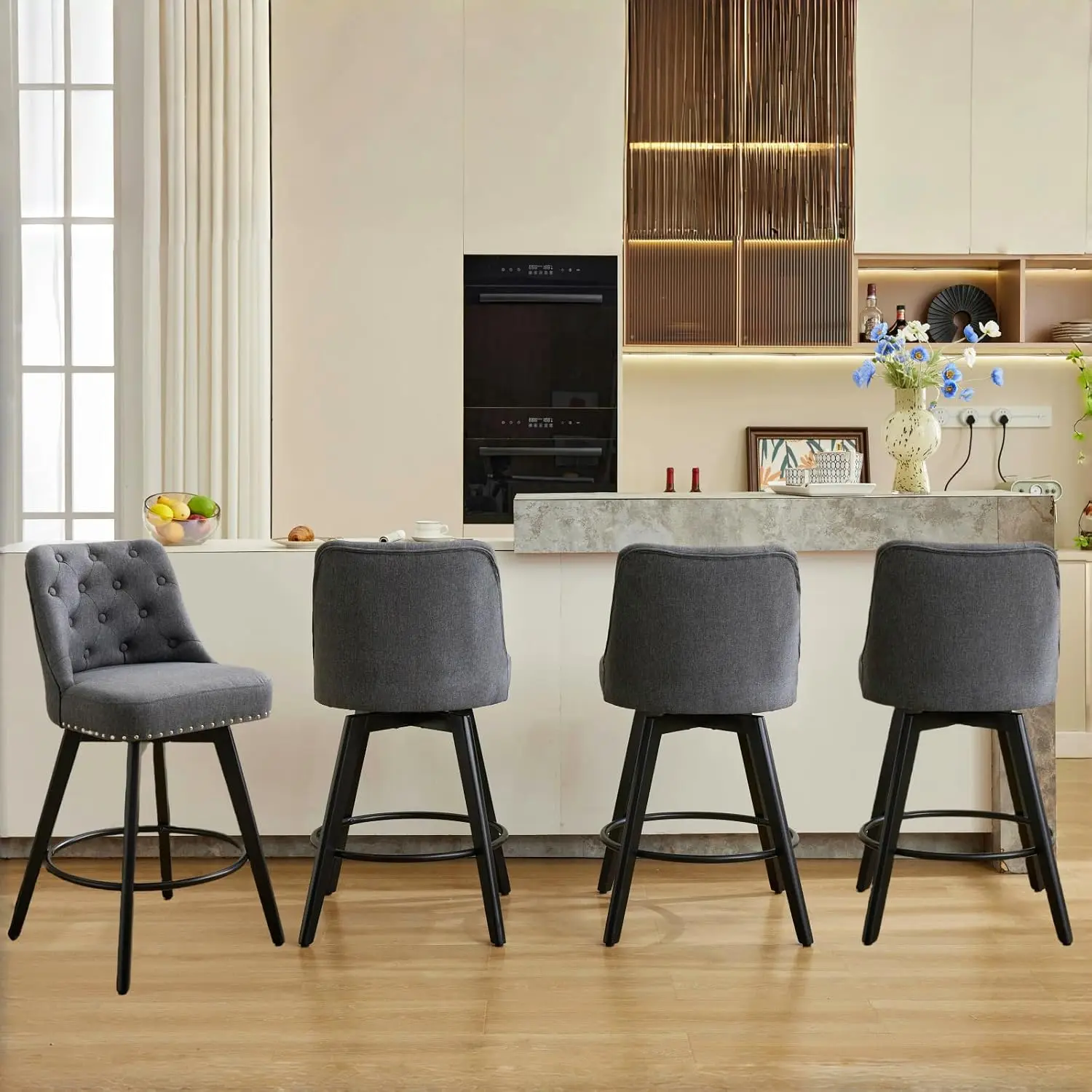 Swivel Bar Stools 4-Pack With Back & Wood Legs, 26 In H Seat Upholstered Chair For Kitchen Island Bar, Gray Fabric, Customized