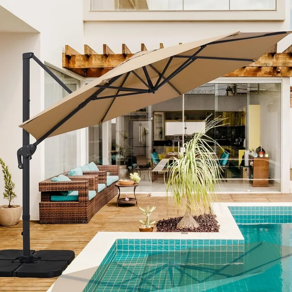 Sombrilla colgante de 11 pies para Patio, sistema de inclinación integrado, rotación de 360 °, resistente, para jardín, terraza, piscina, Patio trasero, bronceado