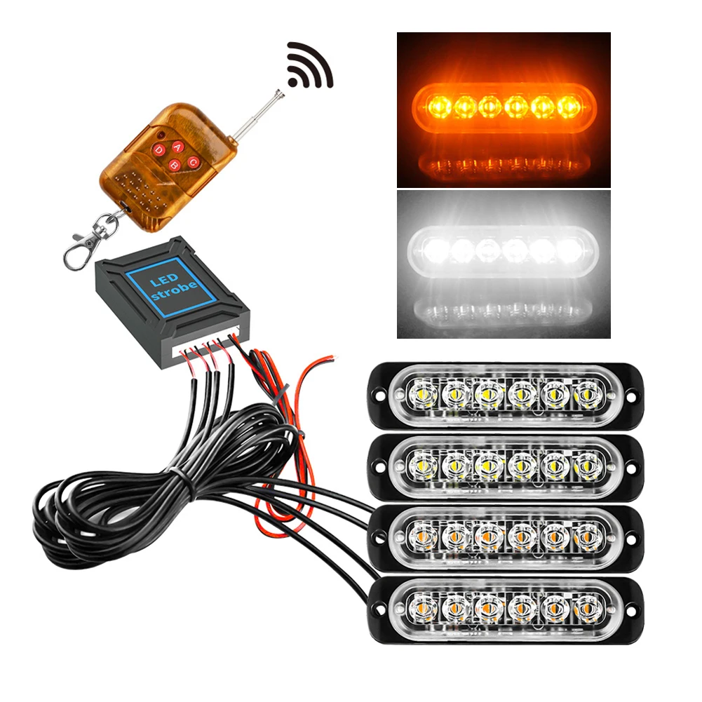 

4 In 1 LED Emergency Warning Light 12-24V 6LED Strobe Light Amber/White with Remote Police Flash Grille Light for Car Truck Boat