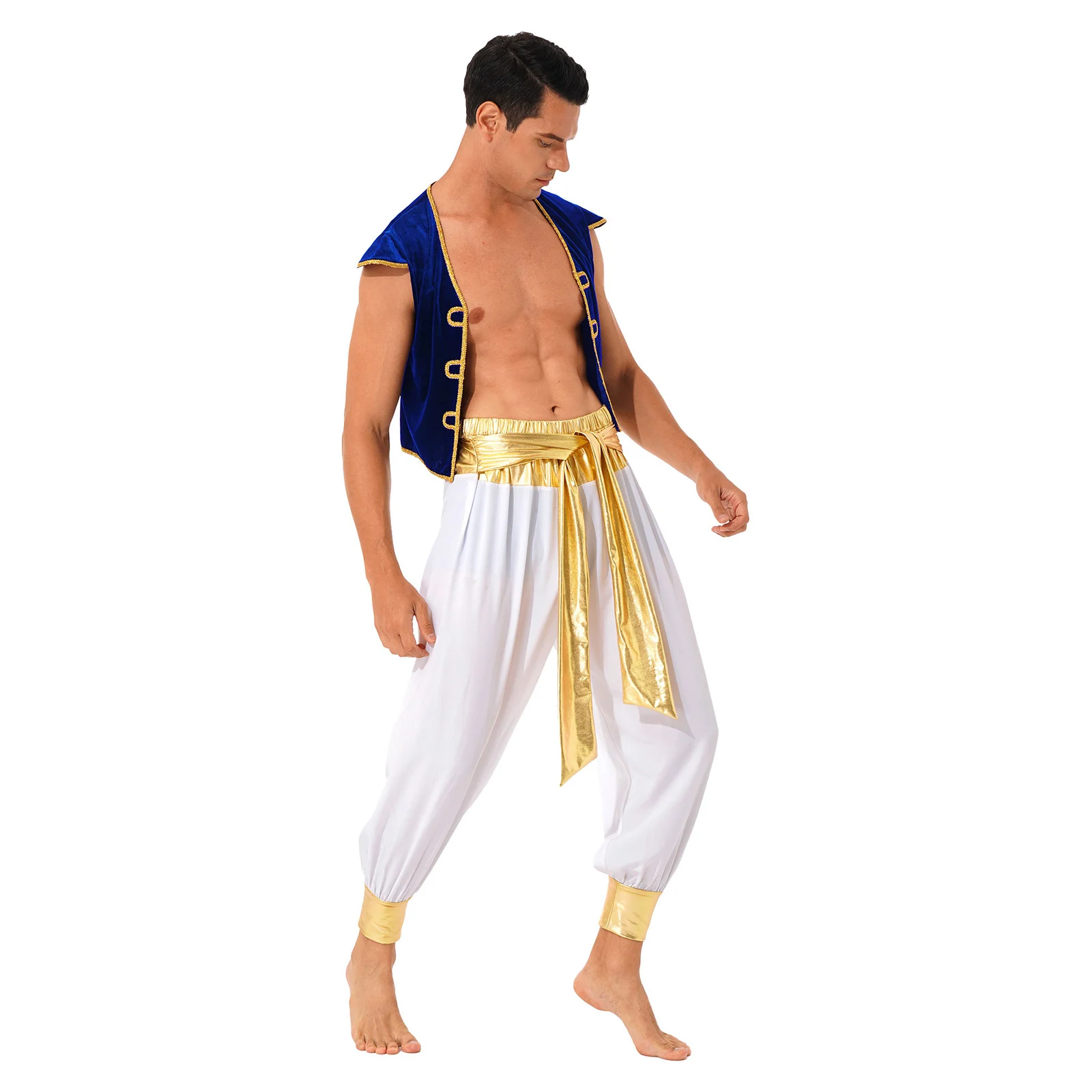 Mens Persian Arabian Club Costume Arab Prince King Cosplay Outfit Cardigan Waistcoat Cap Sleeve Vest with Belted Bloomers Pants