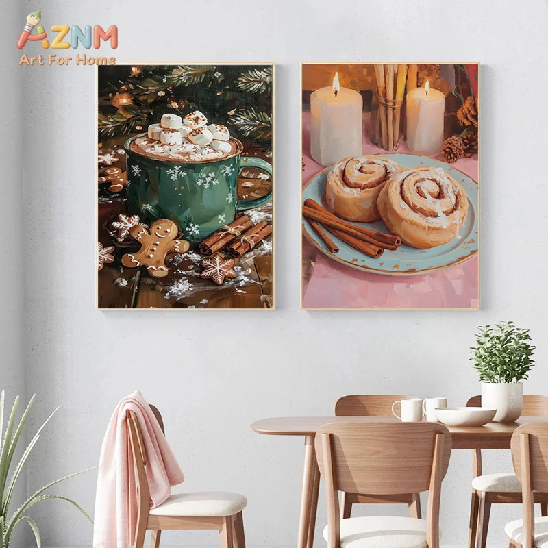 AZNM Fall Autumn Canvas Wall Art Pumpkin Spice Latte Cinnamon Roll Apple Pie Painting Farmhouse Kitchen Decor Unframed