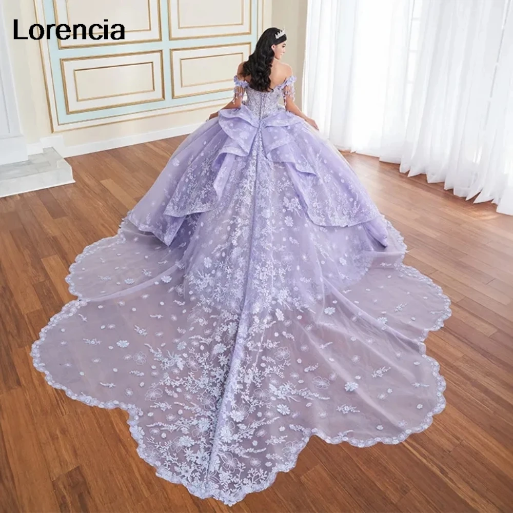 Lorencia-Glitter vestido de baile com apliques brilhantes, vestido de baile frisado, trem em camadas, Sweet 16, 15 anos, YQD982