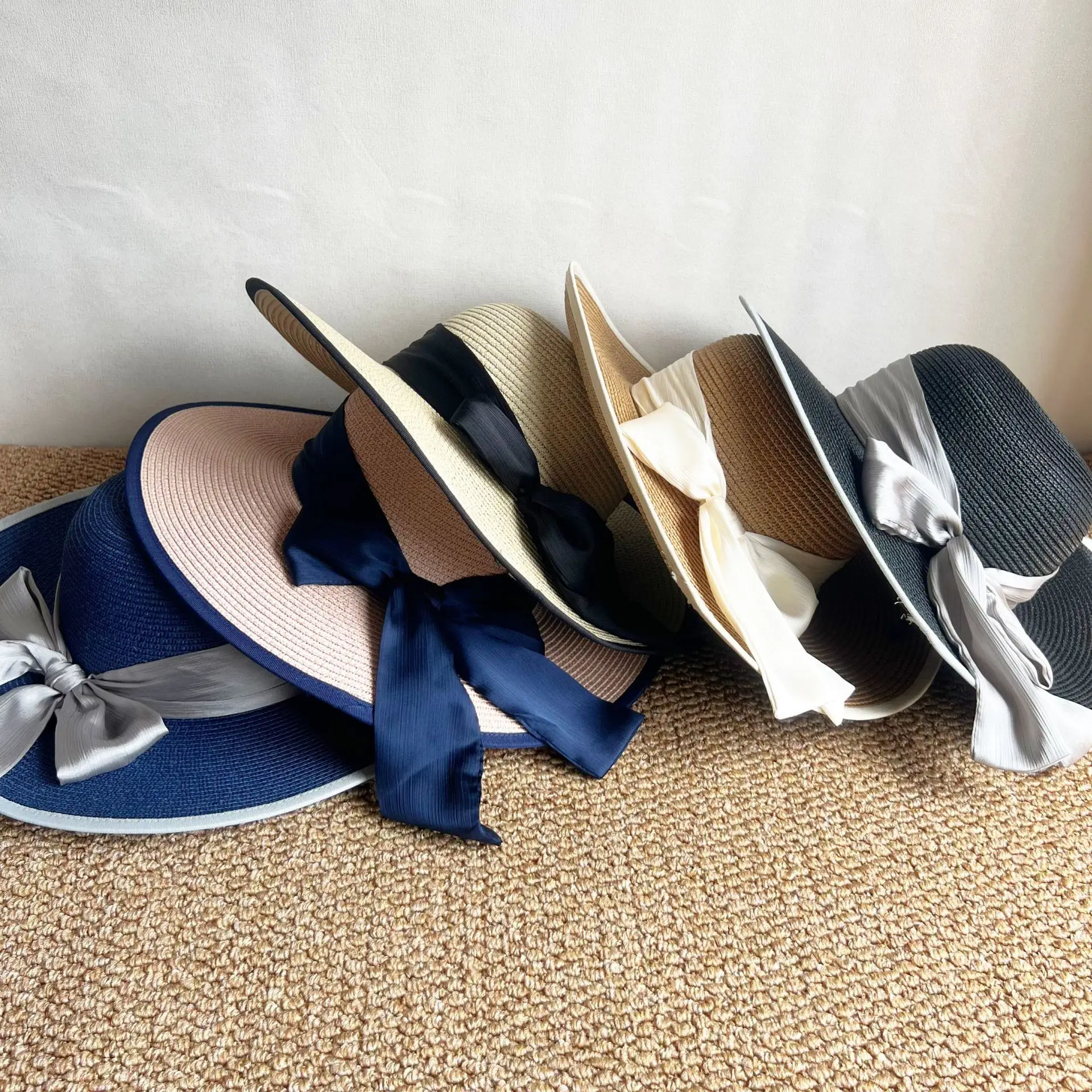 Spring Summer Japanese Style Bow Streamer Back Slit Straw Hat, Foldable Beach Sun Cap with Fine Paper Straw