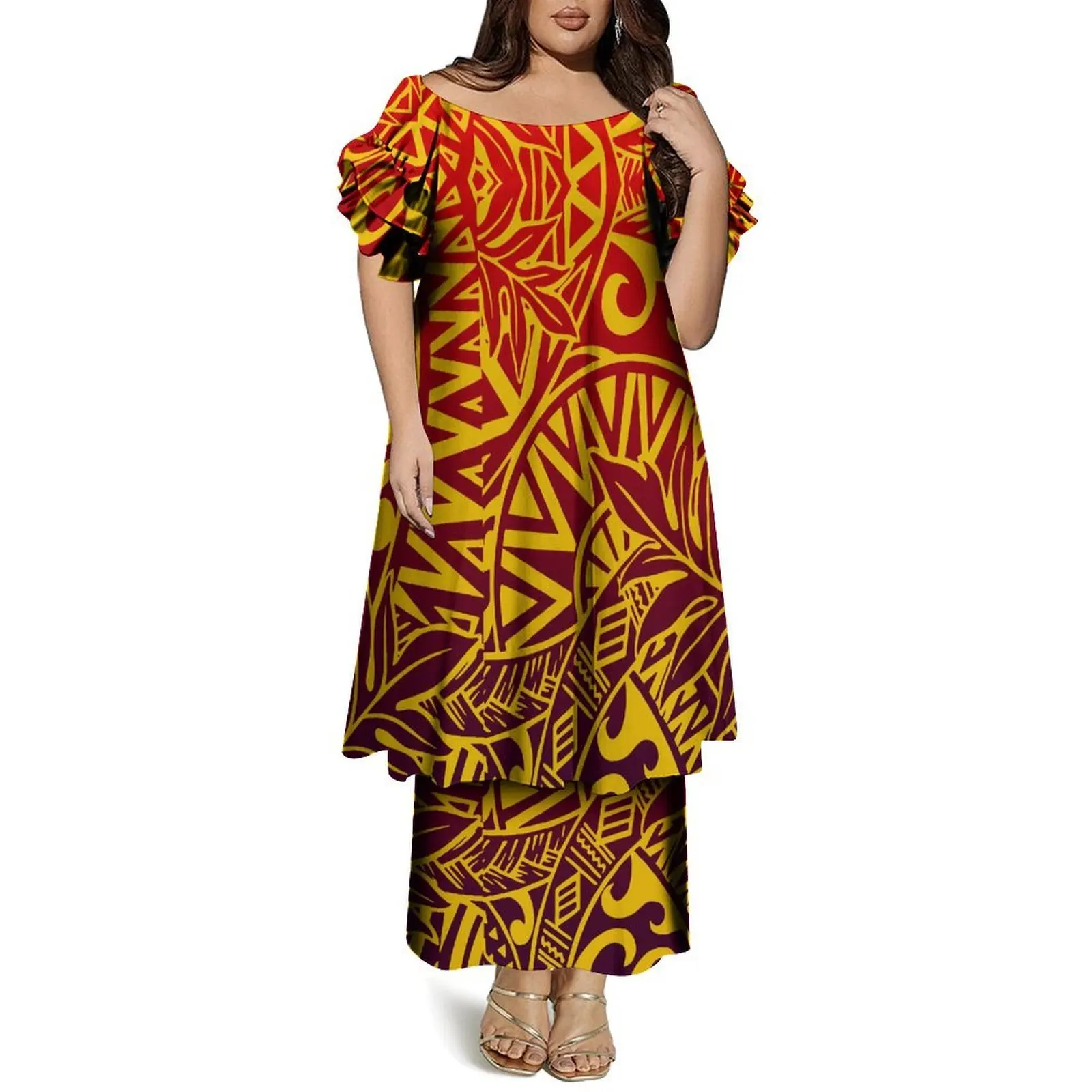 Conjunto de vestido feminino Puletasi de camada dupla com gola redonda e mangas borboleta vestido personalizado de verão polinésio