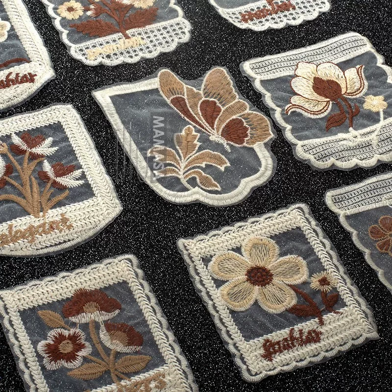 Vintage American Floral Lace Pocket Patch Caramel Tone Embroidered Applique Random 3Pcs