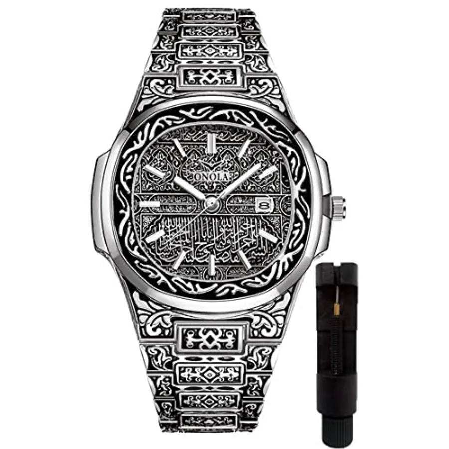

Retro Watches for Men Quartz Watches Tattoo Pattern Carved Stainless Steel Bracelet Waterproof Wrist Watch