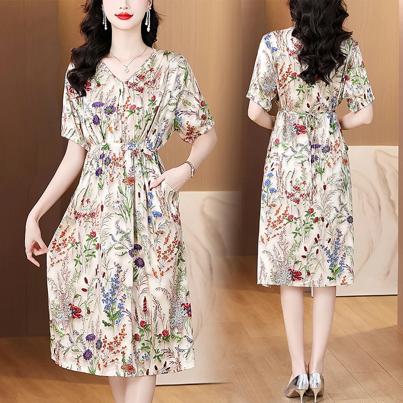 Verano Mujer satén Boho Vintage vestido ceñido al cuerpo de lujo 2025 Oficina señora Floral seda Midi vestido elegante Casual Vestidos de fiesta nocturna