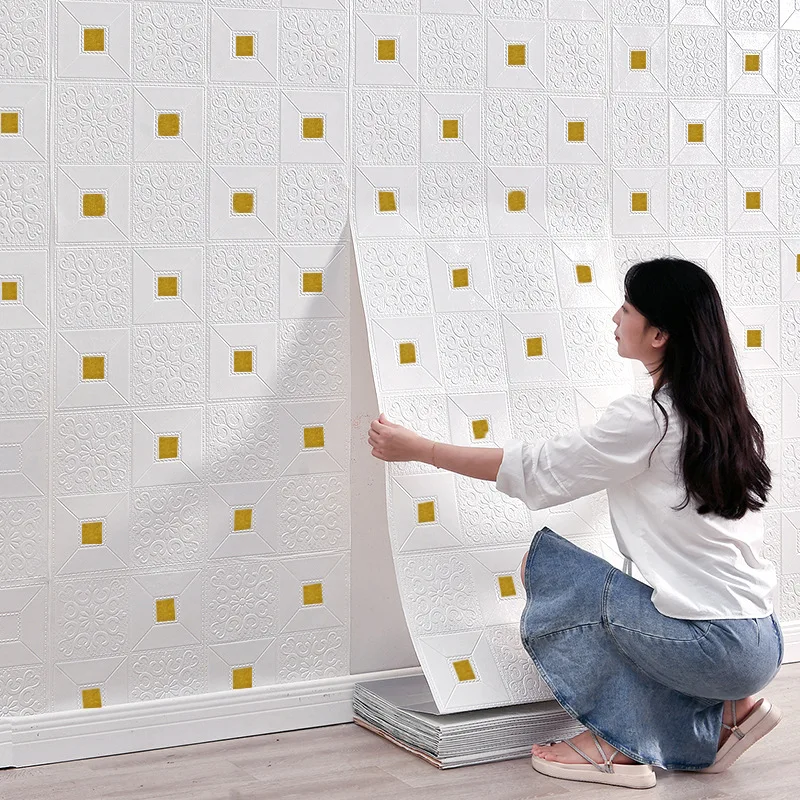 70cm*1/5/10m 3D Wall Sticker Stereo Ceiling Panel Roof Decor Foam Wallpaper Self-adhesive Wallpaper Waterproof Wall Decoration