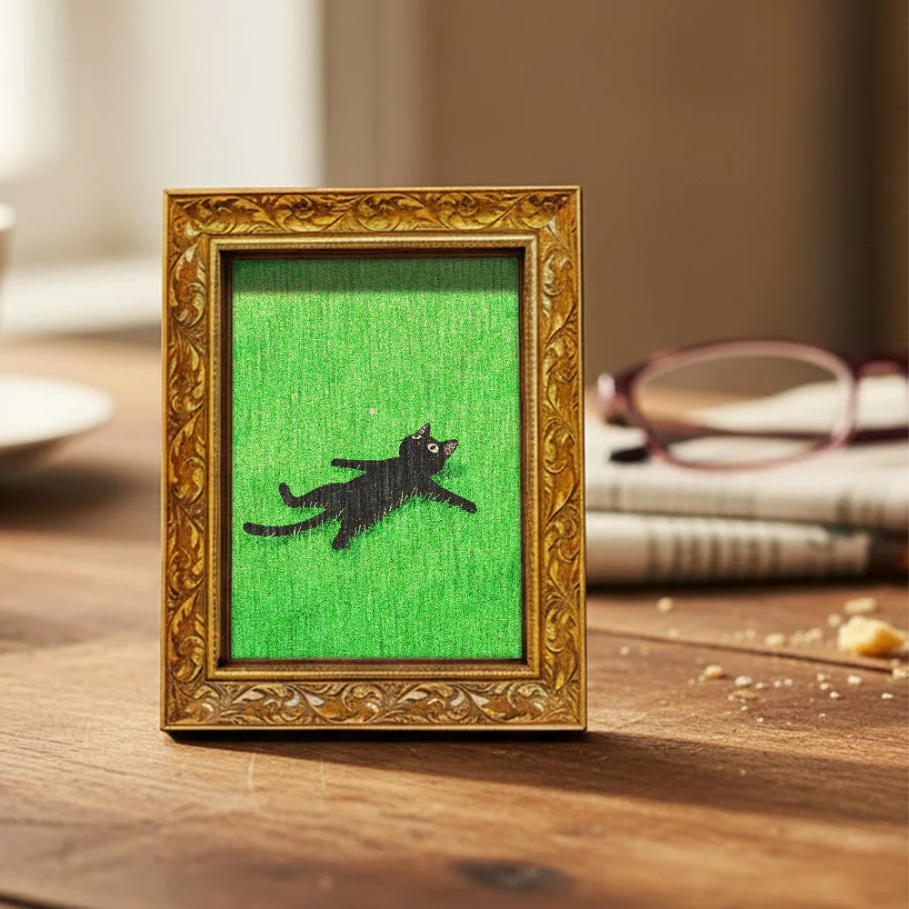 Schwarze Katze auf Gras liegend Kühlschrankmagnet, Vintage-Holzrahmen-Kunst mit vollständig magnetischer Rückseite für Küchenkühlschrank & Heimdekoration – Detail 6