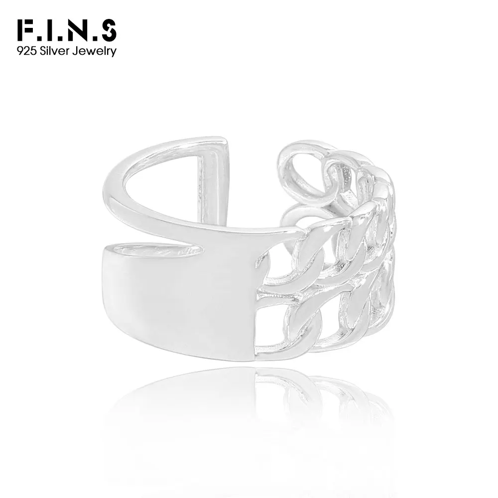 

F.I.N.S кольцо из стерлингового серебра 925 пробы с полой цепочкой, женское кольцо в Корейском стиле, широкое открытое регулируемое ювелирное изделие на средний палец