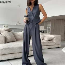 2024 Pantaloni estivi da donna in 2 pezzi Set gilet senza maniche monopetto con scollo a V solido con pantaloni a gamba larga Set abiti casual alla moda