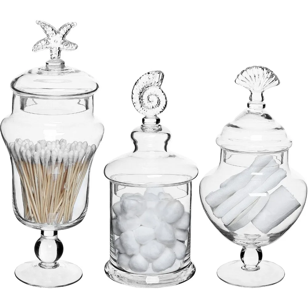 ชุดใหม่ 3 แก้วใส Apothecary Jars w/ฝาปิด,ตกแต่งเปลือกหอยออกแบบห้องน้ํากระป๋อง, เท้า Candy บุฟเฟ่ต์คอนเทนเนอร์