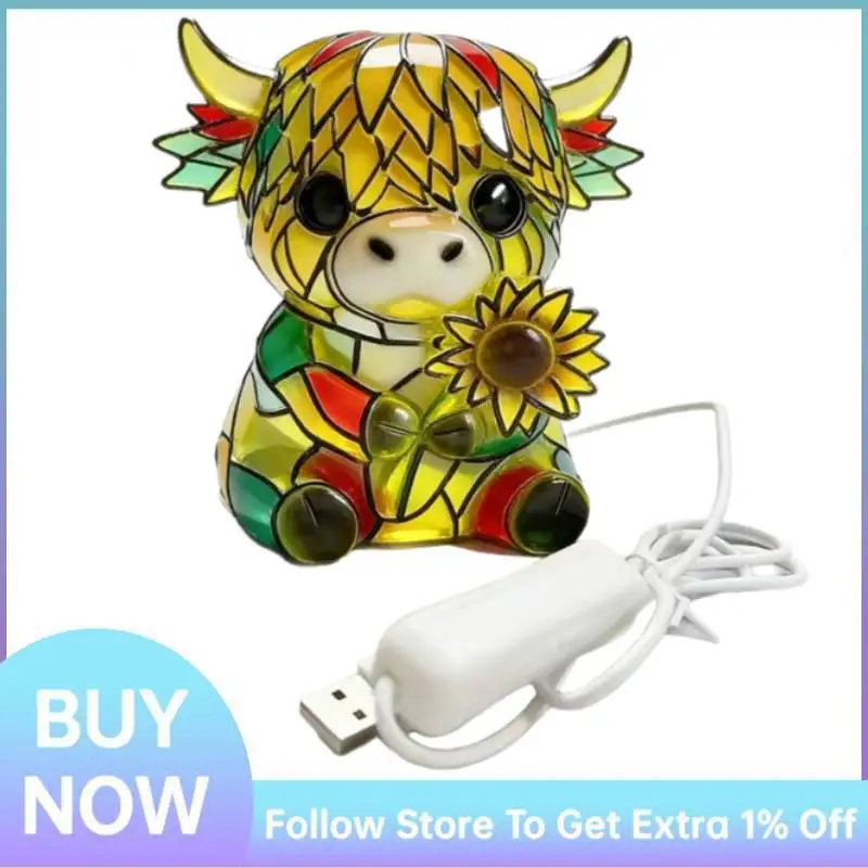 LED Sunflower Highland Cow Table Lamp Handcrafted Stained Glass Night Light Resin Animal Ornament Light for Home Office Bedroom