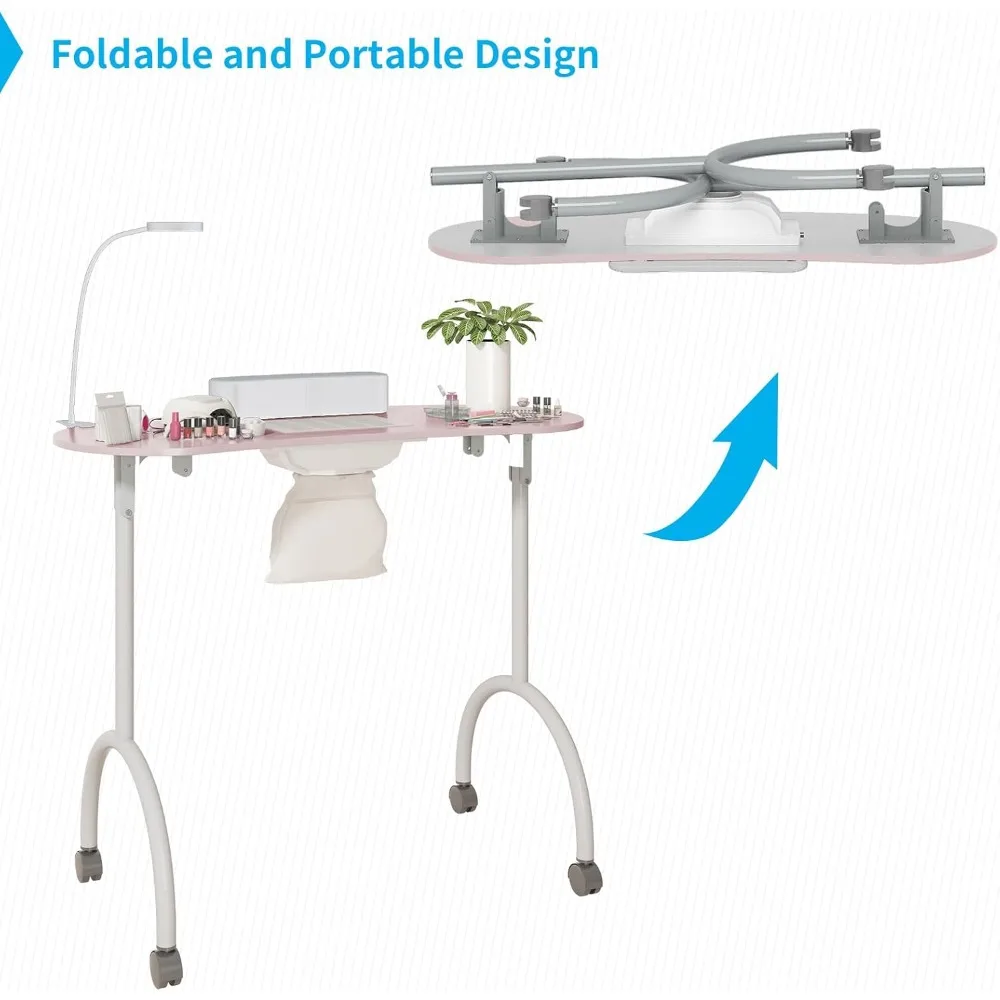 طاولة مانيكير محمولة ، طاولة مانيكير قابلة للطي مع مروحة جامع الغبار ، مصباح ليد ، 4 عجلات قابلة للقفل وحقيبة حمل
