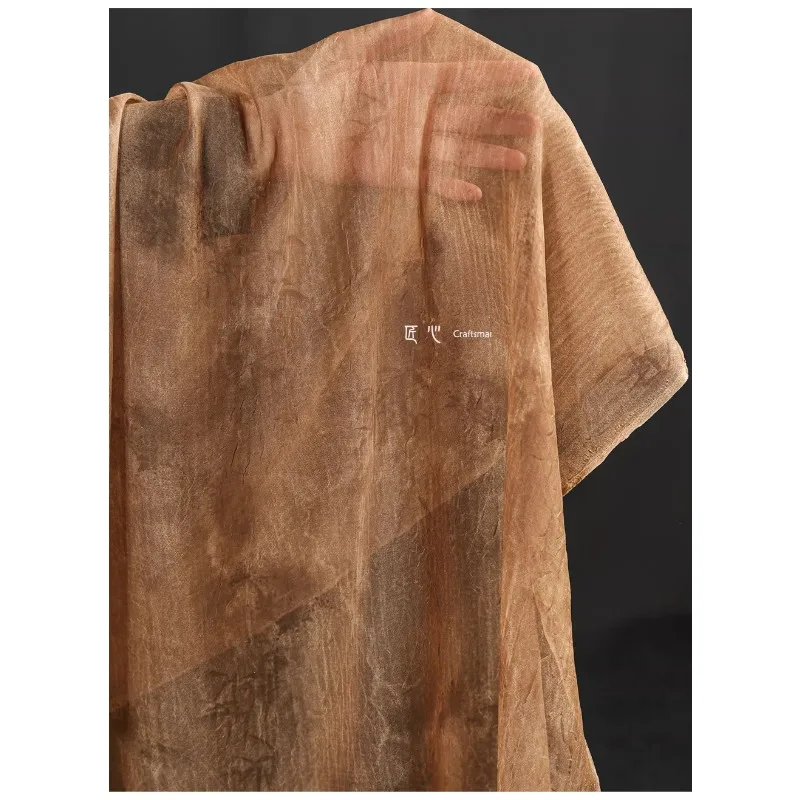 Vintage Brown Ink Wash Bamboo Thin Gauze Fabric with A Flowing Texture Vintage Tie Dye Cardigan Dress Fabric