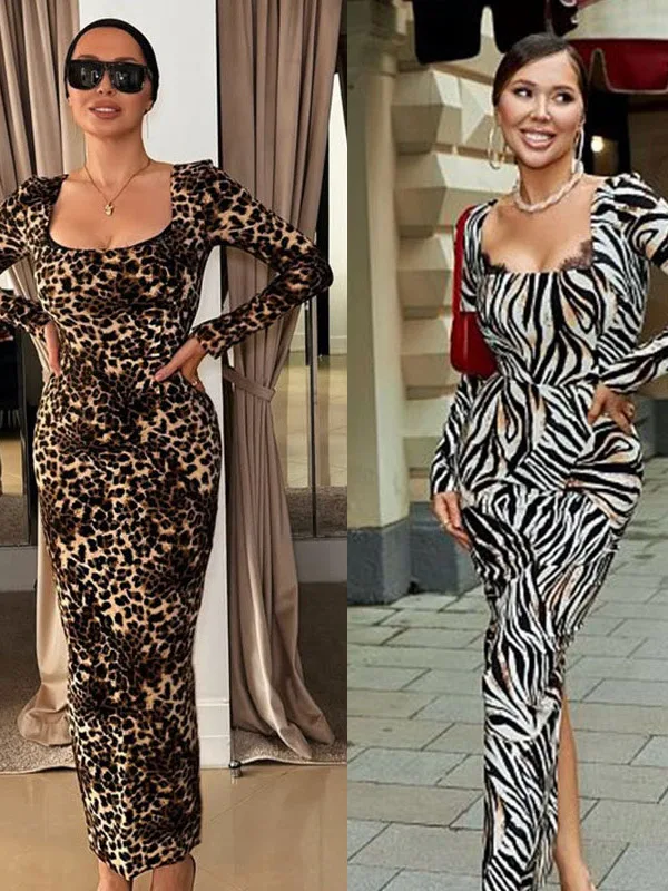 

Sexy Long Sve Leopard Print U-Ne Long Dr Autumn New Sle l Waist Soft Polyester Fiber Micro Stretch H-ape Skirt