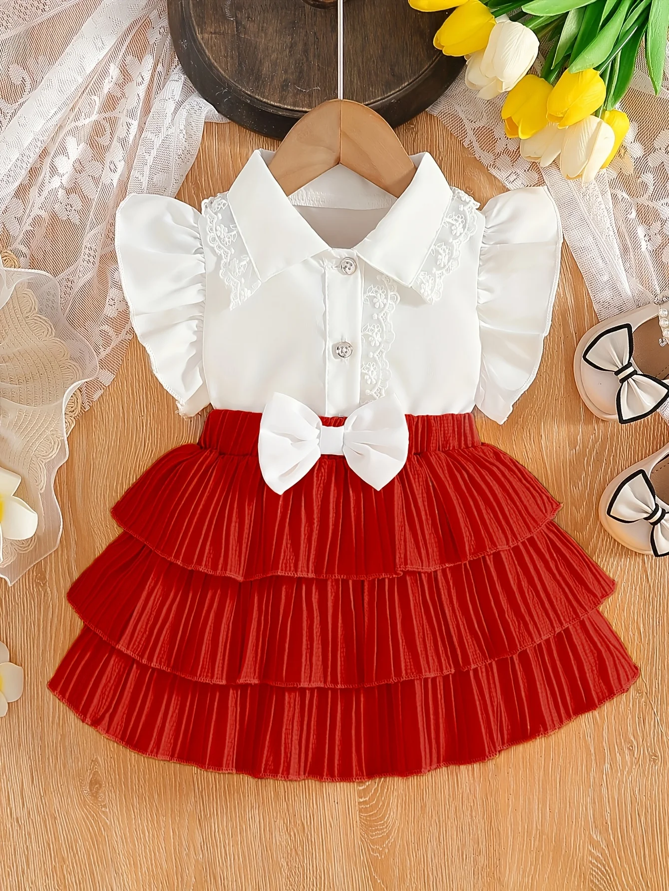 

Комплект из 2 предметов с кружевным воротником для маленьких девочек — пышные рукава, многоярусная юбка, большой бант (разноцветный) | Подарок на День святого Валентина и день рождения