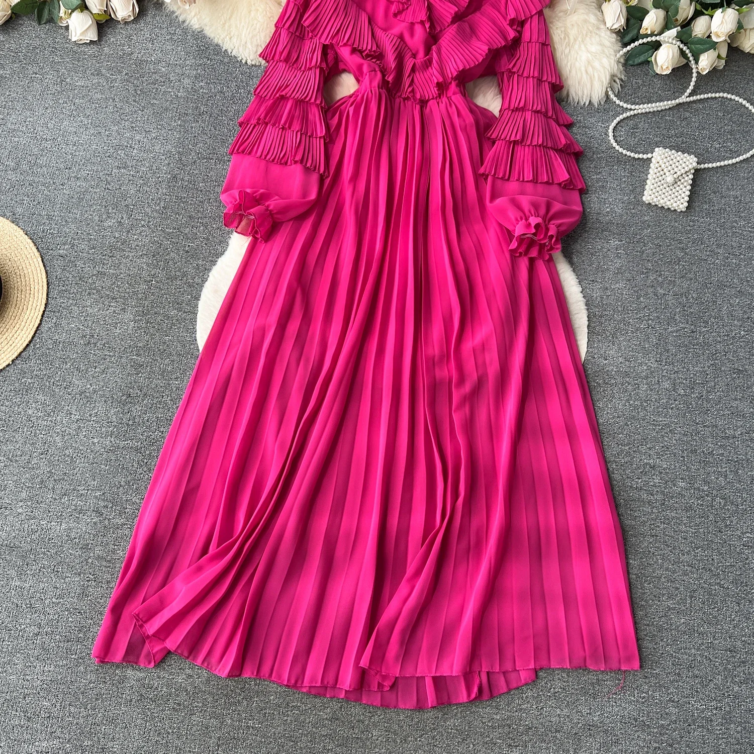 Chic Ruffle Pleated Long Sleeve V Neck Dress Chiffon A-line Casual Dresses Korean Fashion Women Elegant Vestidos