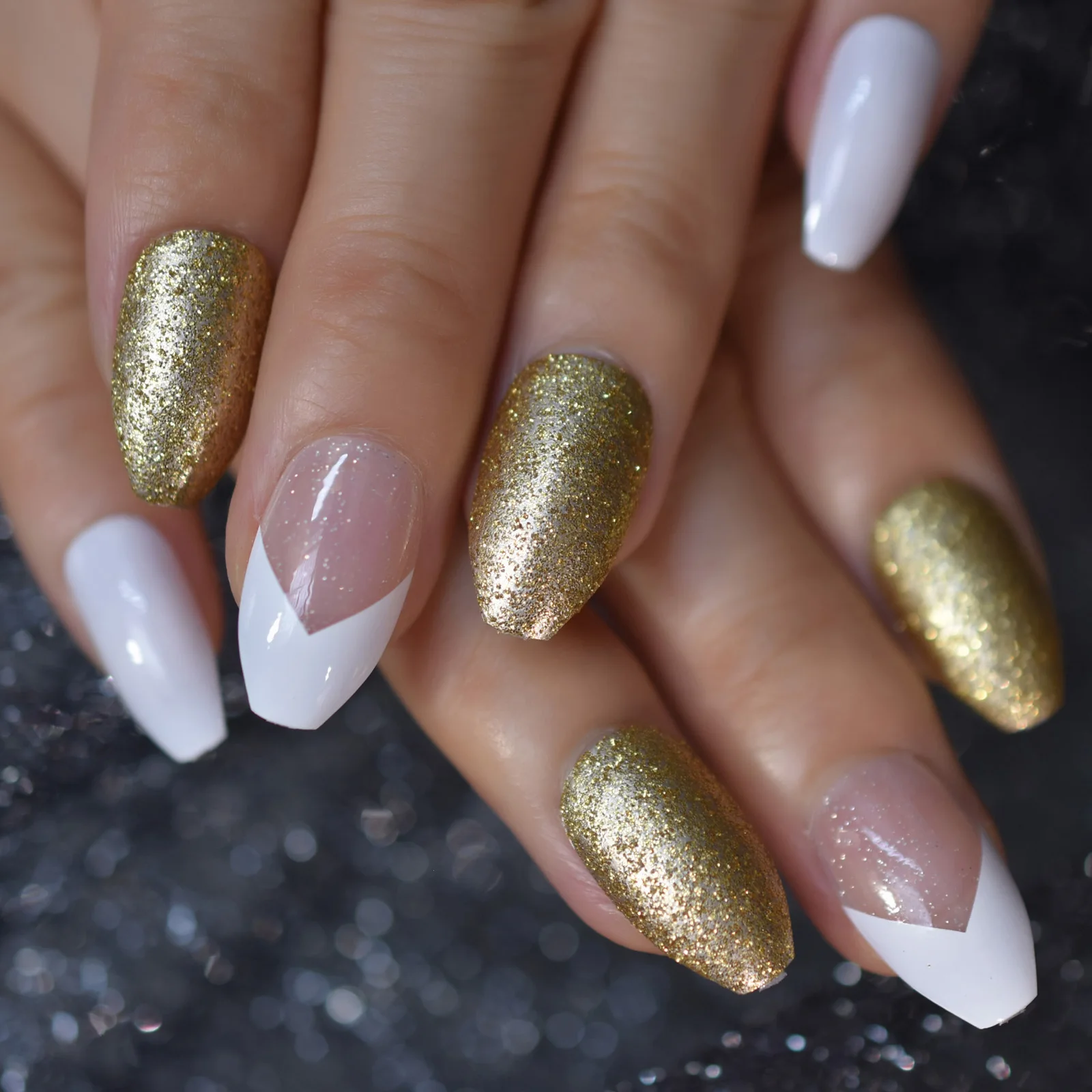 Branco francês bailarina caixão unhas falsas ouro glitter esculpido claro manicure imprensa em unhas falsas dicas diário escritório dedo wear