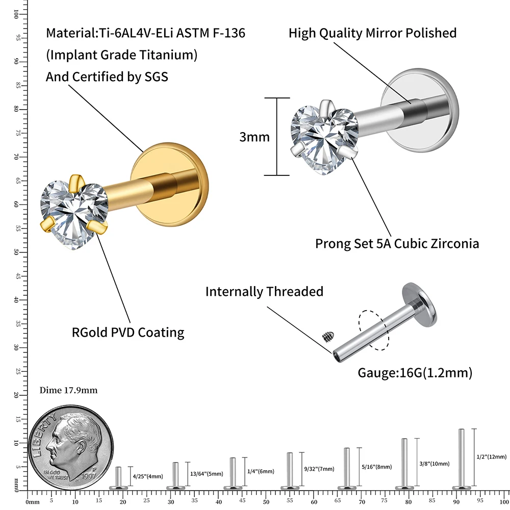 Right Grand ASTM F136 Titanium 16G Heart CZ Internally Threaded Flat Back Labret Cartilage Tragus Helix Nose Stud Piercing