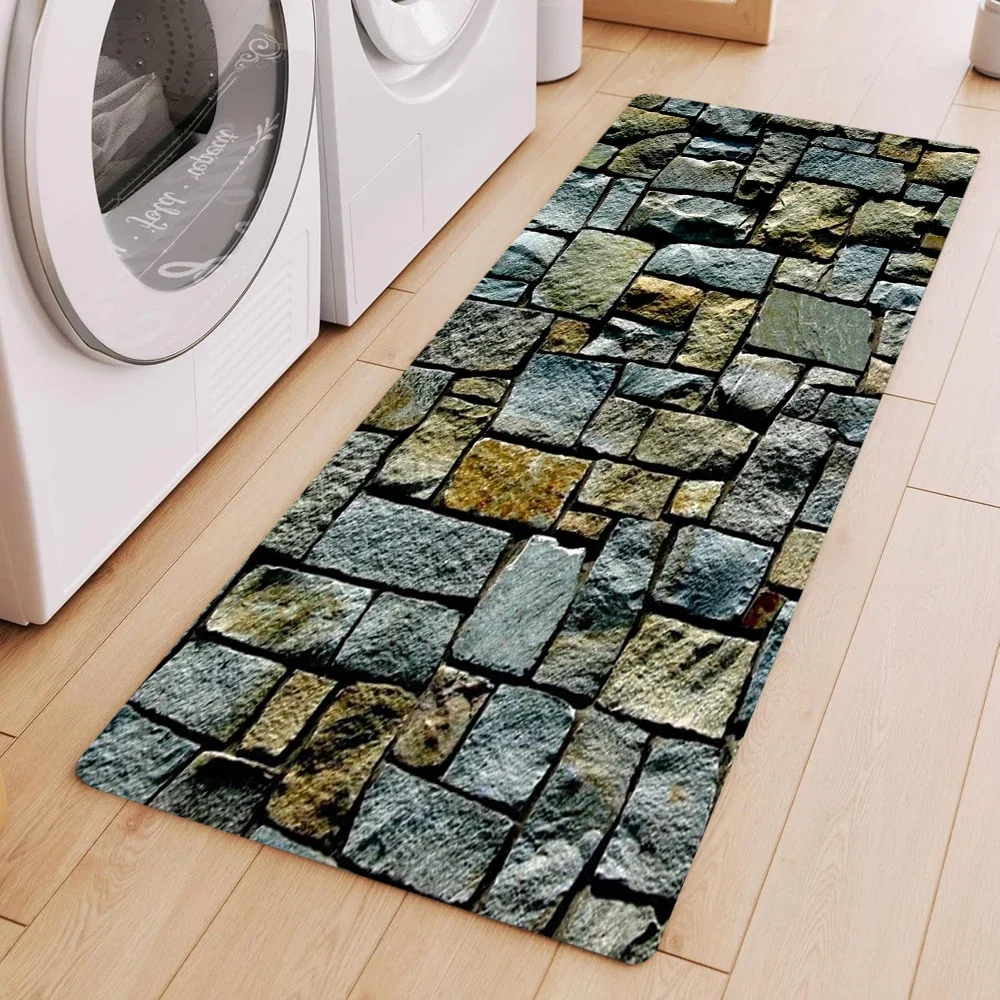 Ultra-realistic Stone-pattern Running Mat Hallway Laundry Room Rug Non-slip Mat for Kitchen Bedroom Bedside Extended Floor Mat