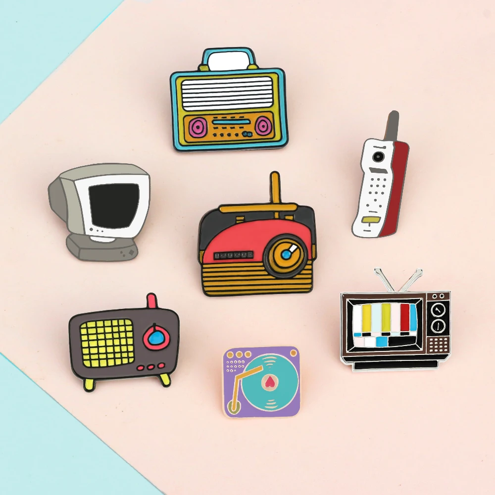 Vintage Brooches 90s TV Radio Telephone Enamel Pin Cartoon Backpack Clothes Lapel Pins Badges for Women Men Jewelry Gifts Kids