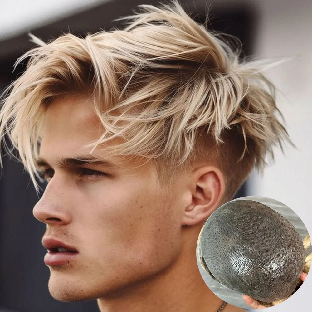 #4t613 Human Hair Ombre Honey Blonde Brown Root Hair Replacement Prosthesis System Natural Hairline Durable Skin Base Man Toupee