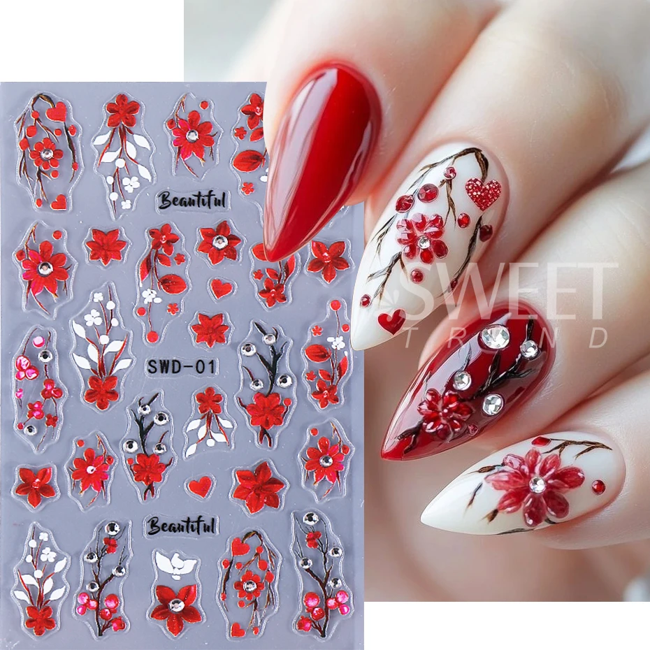 2 個エンボスフラワーネイルアートステッカーラインストーン付き赤い花びらネイルデカール自己粘着スライダーマニキュアデコレーション
