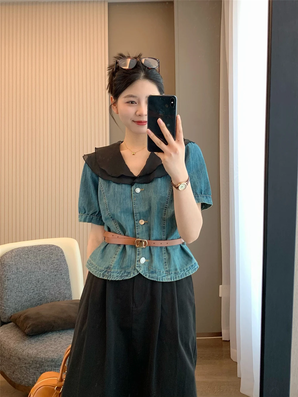 Women's Versatile Denim Blue Top Summer Tiered Contrasting Colors Doll Collar Single Breasted Bubble Sleeved Short Casual Shirt