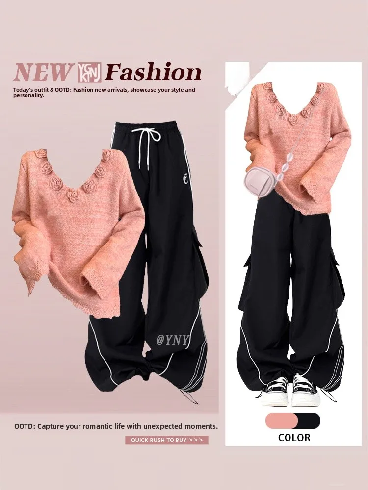 

Retro American Rose Pink Knitted Sweater Wide Leg Workwear Sports Pants Loose Hip Hop Casual Women's Fashion Set V-Neck Long ...