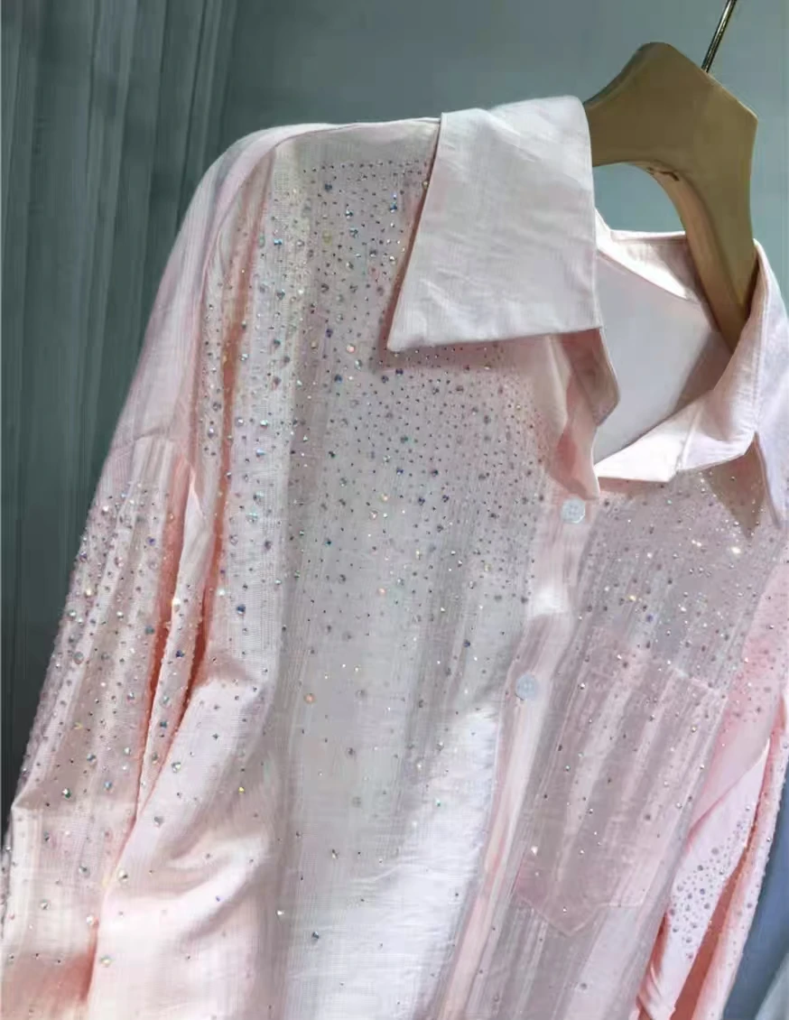 

New In Spring Fashion Cotton Linen Sparkle Sequins Hot Drilling Women's Shirts Long Sleeve Loose Casual Blouses Blue Tops